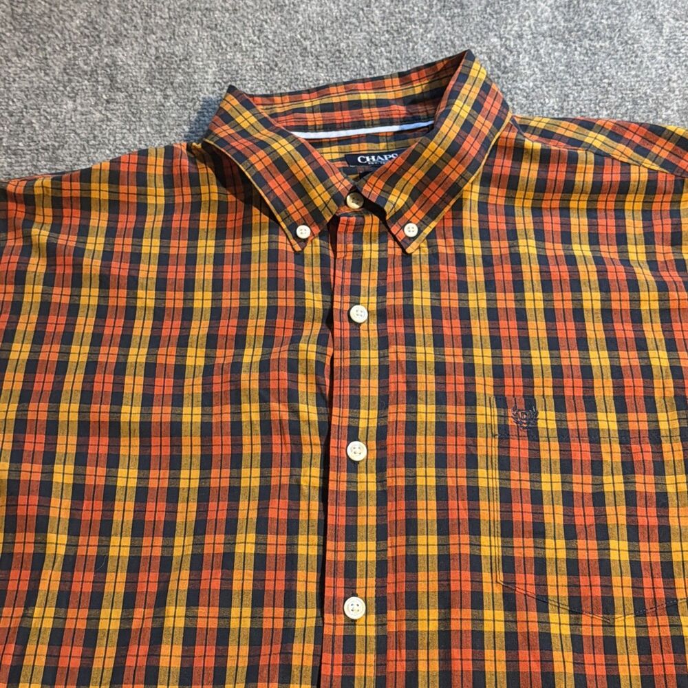 Chaps Easy Care Shirt Mens XXL Orange Plaid Button Down Long Sleeve Work Career